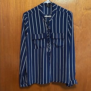 Rue21 Women's Navy and White Striped Button Down Shirt